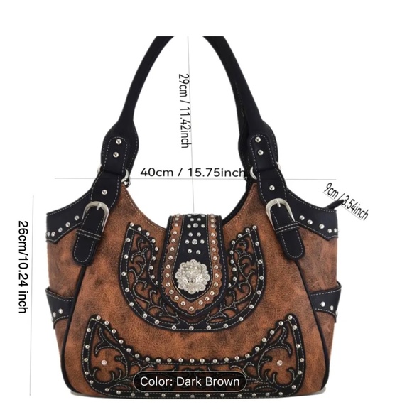 Brown Western Style Faux Leather Studded Shoulder Bag With Wallet - Picture 2 of 7